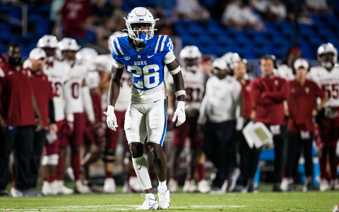 Duke’s Joshua Pickett eyes the quarterback before the start of a play during his sophomore season. Pickett set records for the Habersham Central Raiders, then moved up to starter on defense for the Blue Devils. DUKE ATHLETICS/Courtesy