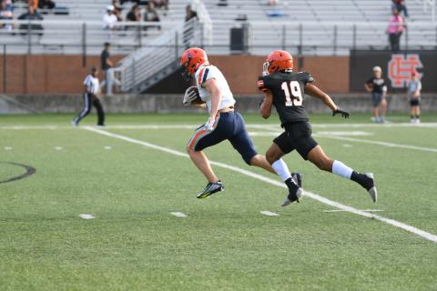 Habersham Central’s Jonah Wilson runs away from a Hart County defender during the spring game. The fall preseason game is just nine days away.  TOM ASKEW/Special