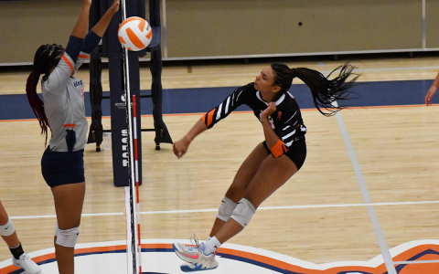Habersham Central’s Da’riyah Bell (left) stuffs Hart County’s Alexis Walker at the net during a recent home match. LANG STOREY/Staff
