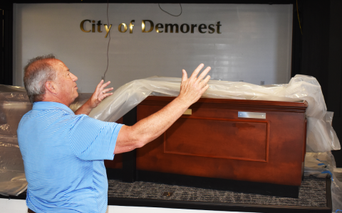 Demorest City Manager Mark Musselwhite shows off the city’s new conference center in the city hall building auditorium. MATTHEW OSBORNE/Staff