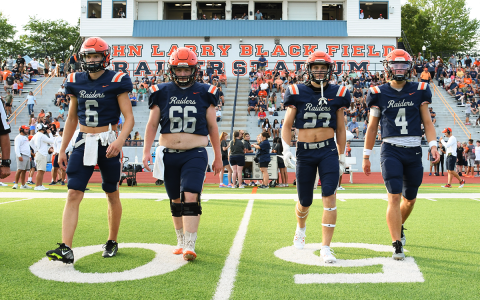 Habersham Central captains (from left) Jonah Wilson, Davey Sanders, Carter Barrett and Carson Parker come to the middle of the field for the preseason game against East Hall. The Raiders kick it off for real on Friday night at home against Stephens County. TOM ASKEW/Special