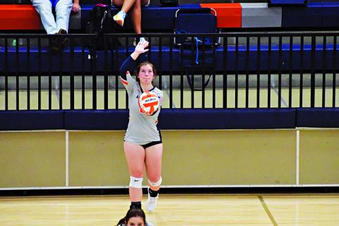 Habersham Central’s Brooke Blackburn gets ready to serve during a recent home match. LANG STOREY/Staff
