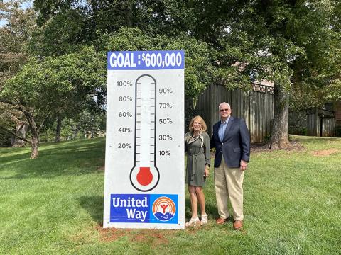Piedmont University President Marshall Criser and his wife Kimberly are huge supporters of the United Way. This thermometer, one of several in the county, will sit on the school’s campus. CANDICE HOLCOMB/Submitted