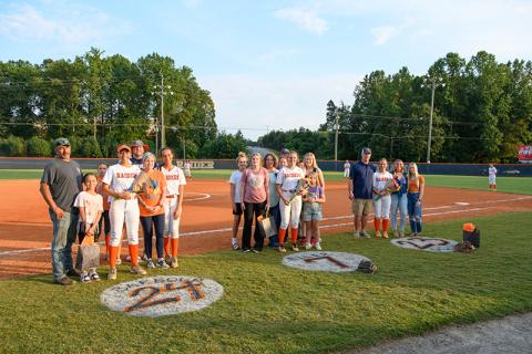 Pictured (left to right) Charli Barbour, Kayton Eller, and Hannah Odum stand with their families on senior night. ZACH TAYLOR/Special