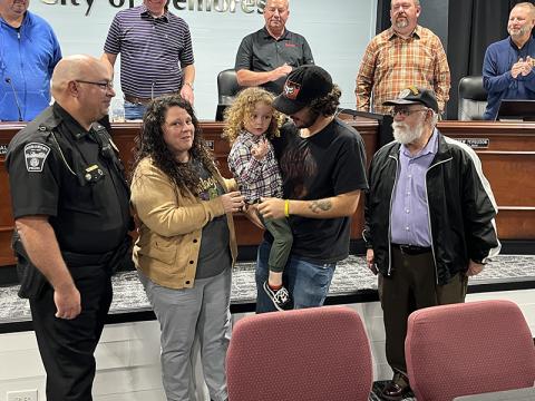 Demorest Police Lt. James Minutello received his promotion Oct. 12 and was joined by his family for the pinning ceremony. With him are his wife Hallie Minutello, father Pat Minutello, son Noah Minutello and grandson Rowan Minutello. MATTHEW OSBORNE/Staff