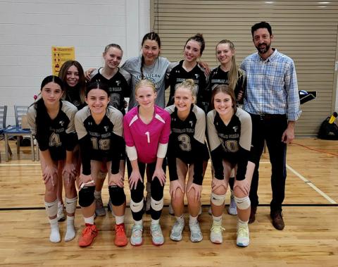 Tallulah Falls volleyball team members include (front row, from left) Rebecca Heyl, Iva Ristic, Kate Gary, Claire Kelly and Chesney Tanksley. Back row are (from left) manager Emilee Jones, Ashlyn Yaskiewicz, Katarina Foskey, Addy McCoy, Skylyn Yaskiewicz and coach Matt Heyl. TFS ATHLETICS/Submitted