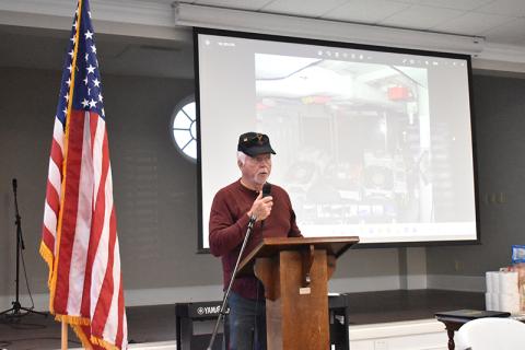 U.S. Navy Vietnam Veteran Rick Zane brought slides and videos of his time serving in the Pacific to the Veterans & Patriots breakfast Saturday at First Baptist Church Cornelia. MATTHEW OSBORNE/Staff