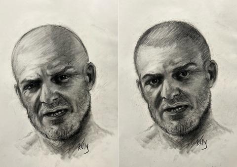 Two similar sketches are shown of a man suspected of pulling people over on Highway 365 improperly. HALL COUNTY SHERIFF’S OFFICE