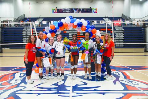 Central’s  volleyball team celebrated its seniors Thursday night before their match against Dawson County and West Hall. From left are assistant coach Savynna Smith, MaryKate Bush, Kenzie Harrison, Brooke Blackburn, Amayah Dooley, Da’Riyah Bell, Lyndee Carver and head coach Lindsay Herrin. TOM ASKEW/Special