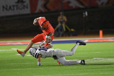 Habersham Central’s Jonah Wilson looks to break a tackle by North Forsyth defender Parker Smaltz during Friday’s home finale. TOM ASKEW/Special 