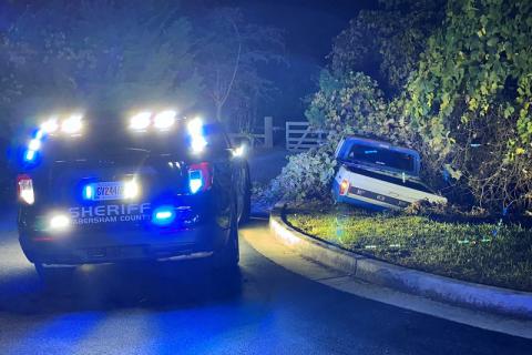 A truck ends up in the trees after being chased into White County at high speeds on Friday night. HABERSHAM COUNTY/Submitted