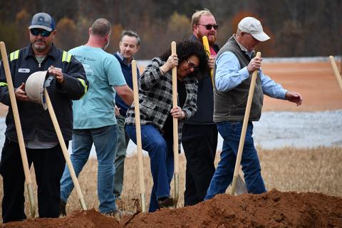 Baldwin Mayor Stephanie Almagno eagerly breaks ground on the new Baldwin public works facility set to be complete by August 2024. The facility will replace the current building located off of Willingham Avenue. JULIANNE AKERS/Staff