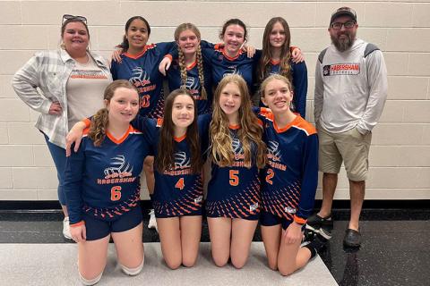 Members of Habersham rec’s 14U volleyball team who went to the state tournament and finished third are (back row, from left) Assistant Coach Tiffany Trubey, Makayla Moss, Aliannah Trubey, Kara Ivie, Jill Hicks and Head Coach Josh Trubey. Front row are (from left) Lylah Couter Maggie Witt, Taegan Lanier and Jesanna Smith. Not pictured are Chloe Brown and Chassey Richard. SUBMITTED