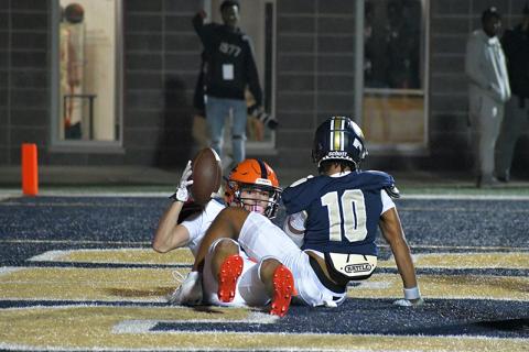 Habersham Central’s Zeke Whittington shows the ball after snagging a touchdown catch in the first half of Friday’s playoff loss to Douglas County. Whittington, a junior, finished the season with 221 career catches, the most in Habersham Central history so far. LANG STOREY/Staff
