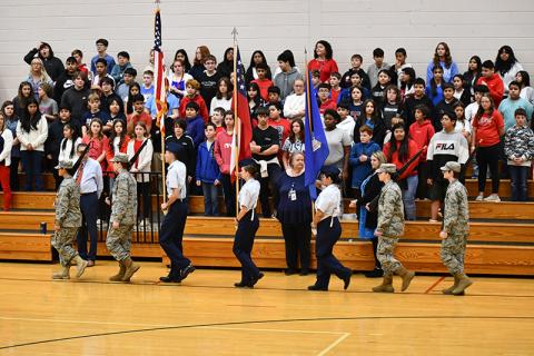 Habersham Central High School Junior ROTC marches for the Presentation of Colors at South Habersham Middle School’s Veterans Day program. JULIANNE AKERS/Staff