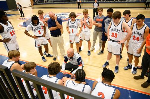 Habersham Central coach Tommy Yancey talks to the Raiders in a time out during their opening game last week. ZACH TAYLOR/Special