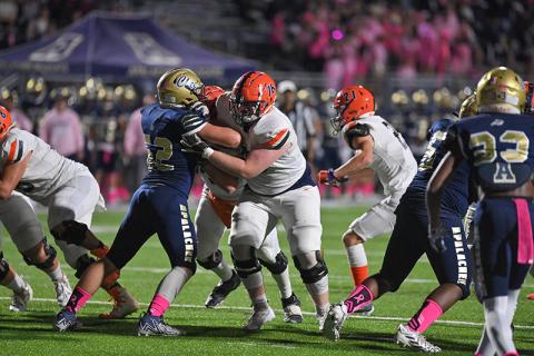 Habersham Central’s Christian Boss seals his block during a running play Friday night against Apalachee. TOM ASKEW/Special