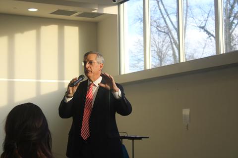 Georgia Secretary of State Brad Raffensperger speaks to the Habersham County Chamber of Commerce Friday morning. JULIANNE AKERS/Staff