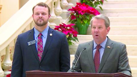Gov. Brian Kemp and Sen. Bo Hatchett announce bonuses for teachers in Atlanta on Monday. WAGA/Video grab