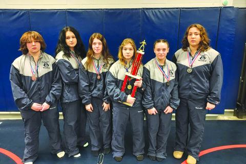 SUBMITTED Habersham medalists Carleigh Brawn, Gracie Abernathy, Hayley Speed, McKenzie Spradley, Natalie Spillers and Melia Mead pose with the Arrowhead Classic runner-up trophy. SUBMITTED
