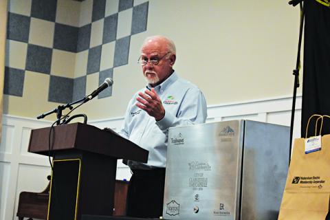 Clarkesville Councilman Franklin Brown talks during the ceremony to fill the time capsule on Saturday at the Mary Street Community Center. SAMANTHA SINCLAIR/CNI News Service