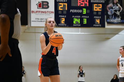 Habersham Central’s Sophie Bramlett lines up a free throw earlier this season. The senior Lady Raider forward has helped lead a young squad into playoff contention. LANG STOREY/Staff