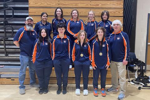 Habersham Central’s girls wrestling team includes (front row, from left) Samara Beck, Gracie Abernathy, McKenzie Spradley and Hayley Speed. Back row are manager Brianna Contreras, Sarah Morris, Melia Mead, Bailey Jones and Michaela Krippner. Coaches are Len King and Morris Brooks. SUBMITTED