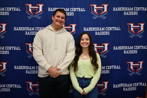Brad Chosewood and Georgia Kerr stand for a photo after being announced as the class of 2024 salutatorian and valedictorian. JULIANNE AKERS/Staff