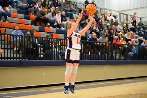 Habersham Central’s Karah Dean shoots a 3-pointer after receiving the swing pass from Kyia  Barrett during Wednesday night’s region opener at home. Dean put up 11 shots from deep in the Lady Raiders’ win. ZACH TAYLOR/Special