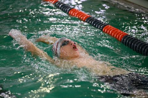 Habersham Central’s Kieran McGarvey catches his breath in the Men’s 100-yard backstroke event last week in the “Hot Chocolate” meet in Clarkesville. ZACH TAYLOR/Special
