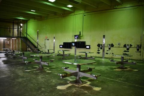Shown is the day area of a block at the Habersham County jail where inmates can make phone calls, use tablets to take rehabilitation courses, or socialize. JULIANNE AKERS/Staff