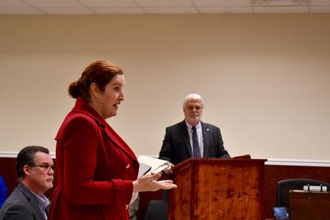 Vertical Bridge attorney Mattaniah Jahn (front) rebuts a point made by Ralph Taylor who represents the county with Hunt & Taylor Law Group. JULIANNE AKERS/Staff