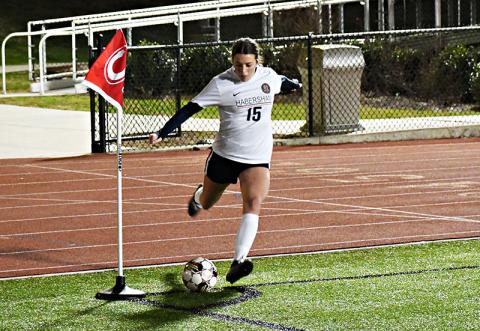 Habersham Central's Paisley Cathey takes a corner kick earlier this season. LANG STOREY/Staff