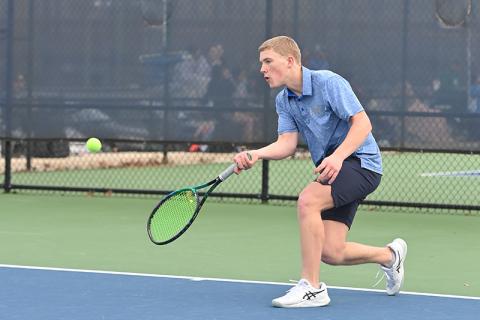 Habersham Central’s Lije Smith returns a shot during a recent home match. LANG STOREY/Staff