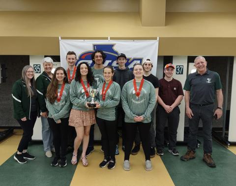 Members of Tallulah Falls’ state runner-up rifle team are (front row, from left) Chloe Erwin, Brianna Walter, Kylee Loudermilk and Leah Rogers. Back row are (from left) Coach Katie Keister, Assistant Coach Kerry Stamey, Joseph McGahee, Marc Crotta, Mitchell McGahee, Zeek Pruitt, Ethan Simmons and Coach Tim Stamey. BRIAN CARTER/Submitted