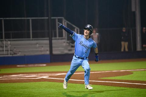 Raiders catcher Spencer Frady gets hyped up after rattling the Hebron Christian pitcher into a walk. Frady had his work cut out for him Tuesday with blocking wild pitches and throwing out a stealing runner. ZACH TAYLOR/Special 