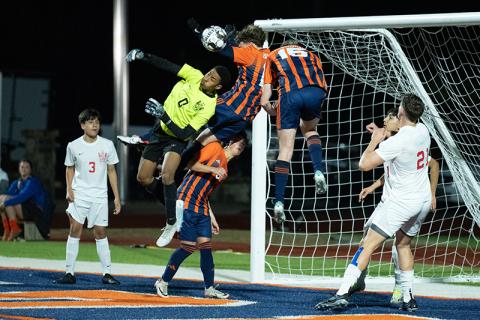 Habersham Central’s Brody Tyree and Camden Meads collide in midair after going for a header Tuesday night. ZACH TAYLOR/Special