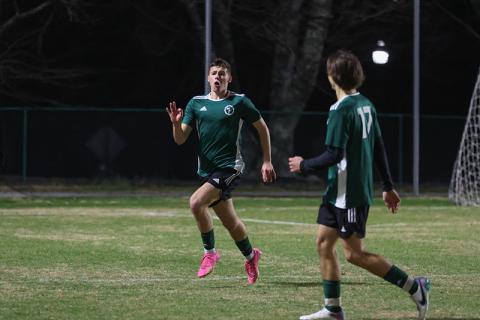 Tallulah Falls’ Jackson Cording celebrates one of his three goals against Athens Christian. AUSTIN POFFENBERGER/Special