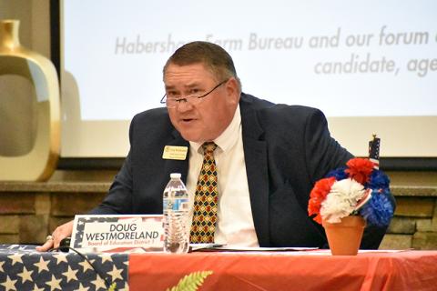 Doug Westmoreland speaks at the Farm Bureau political forum.