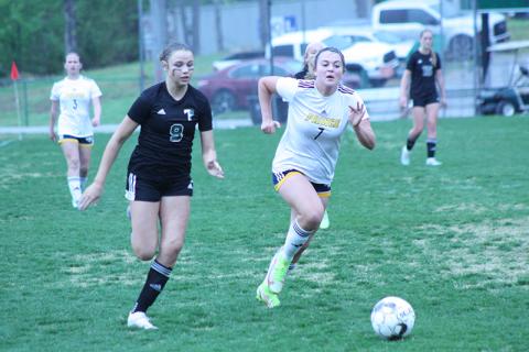 Tallulah Falls striker Bailey Crumley dribbles around a defender on her way to scoring the Lady Indians’ first goal in a 2-1 win over Prince Avenue Christian. GREG FINAN JR./Special