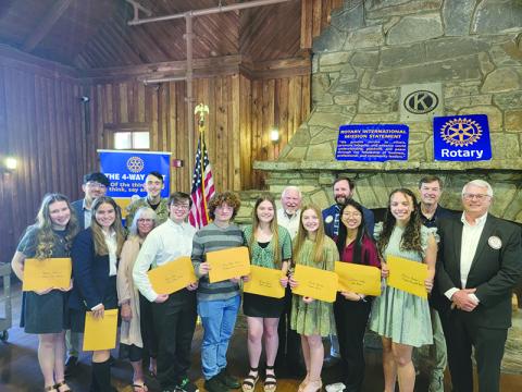 Habersham Rotary Scholarship winners and mentors for 2024 include (front row, from left) Hanna Chitwood, Michelle LeBlanc, Barbara Strain, Reece Baca, Casey Blake Howard, Kaitlyn Gibson, Kinsley Harrison, Danica Inkeo and Charlize Barbour. Back row are (from left) Daniel Ballesteros, Bobby Ray Wallace, Gary Morris, John Borrow, David Foster and Rotary President Bradley Cook. SUBMITTED