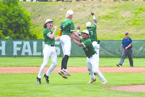 Tallulah Falls’ Dylan Brooks, Chase Pollock, Diego Gonzalez and Ashton Roache celebrate after the  Indians finished off the win Tuesday to advance to the state semifinals. LANG STOREY/Staff