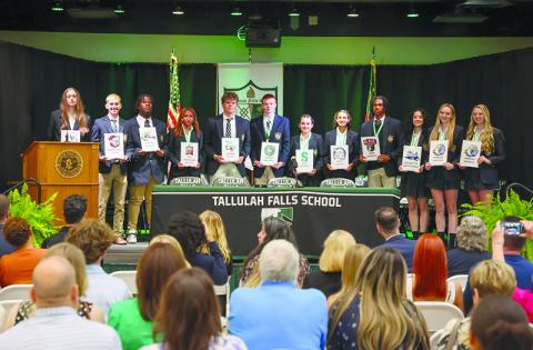 Tallulah Falls athletes gathered for s joint signing ceremony Thursday, inckuding (from left) Adrijana Albijanic, Austin Ball, Makhi Edgecombe, Ariel Kelsick Sam Ketch, Henry Rickman, Iva Ristic, Julianne Shirley, Caden Walker, Brianna Walter, Ashlyn Yaskiewicz and Skylyn Yaskiewicz. WADE CHEEK/CNI News Service