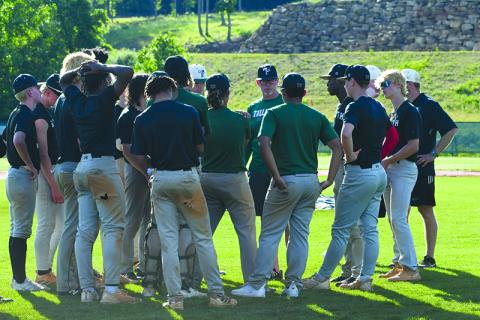 Coach AJ Pollock addresses his team during practice Wednesday. The team left for Statesboro on Thursday evening to prepare for today’s state championship games. LANG STOREY/Staff