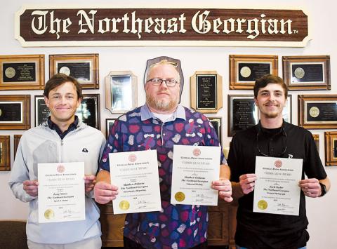 Award winners from The Northeast Georgian for the Georgia Press Association’s 2023 contest are (from left) Lang Storey, Matthew Osborne and Zach Taylor. Not pictured is freelance photographer Tom Askew, who also was awarded.