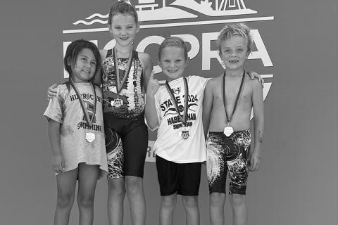 The Hurricanes’ State Champion 8U Mixed Medley Relay team consisting of (from left) Bella Diego, Ryelin London, Rowyn Schofill and Nash Tatum. SUBMITTED 