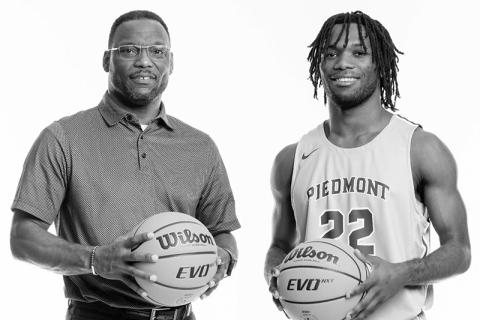 Piedmont hoopster Silas Mulligan (right) is shown with his father, Dr. Octavius Mulligan in a promotional photo for the Lions. Dr. Mulligan is a Dean of the College of Education at Piedmont and was a longtime school adminstrator for various Habersham County Schools. KARL L. MOORE/Courtesy of Piedmont University