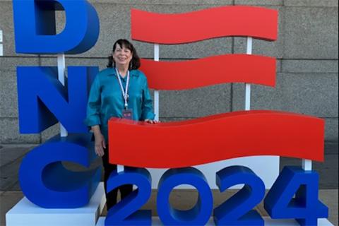 Virginia Webb poses outside of the DNC convention center in Chicago. SUBMITTED 
