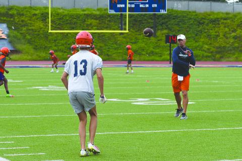 Coach Matt Shirley fires a pass to wide receiver  Drake Roland. LANG STOREY/Staff