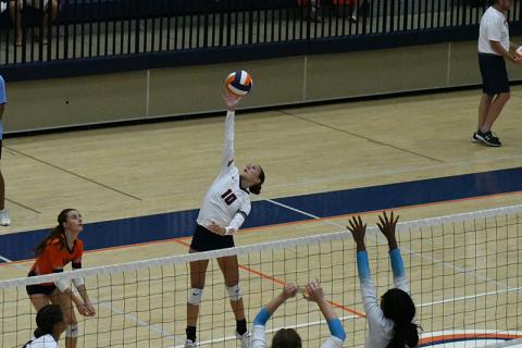 Ava Saxon (No. 10) has been vital to Habersham volleyball’s recent winning streak. LANG STOREY/Staff
